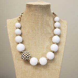 ND, New Directions, NWT, White glass balls, gold, clear rhinestones necklace